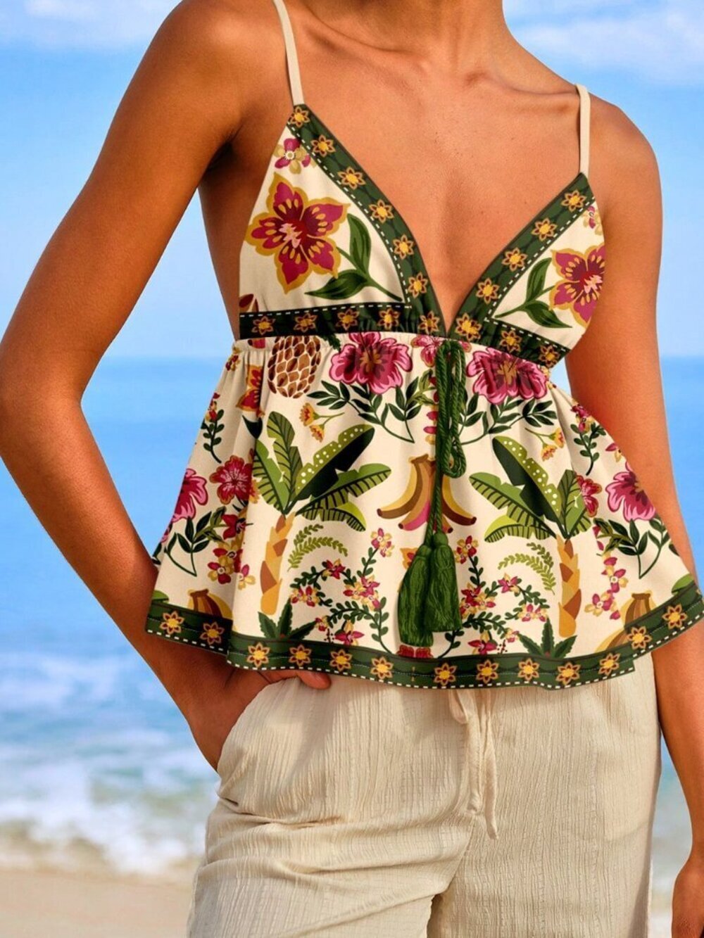 Multicolor Boho Women's Floral Coconut Tree Print Woven A-Line Camisole Top